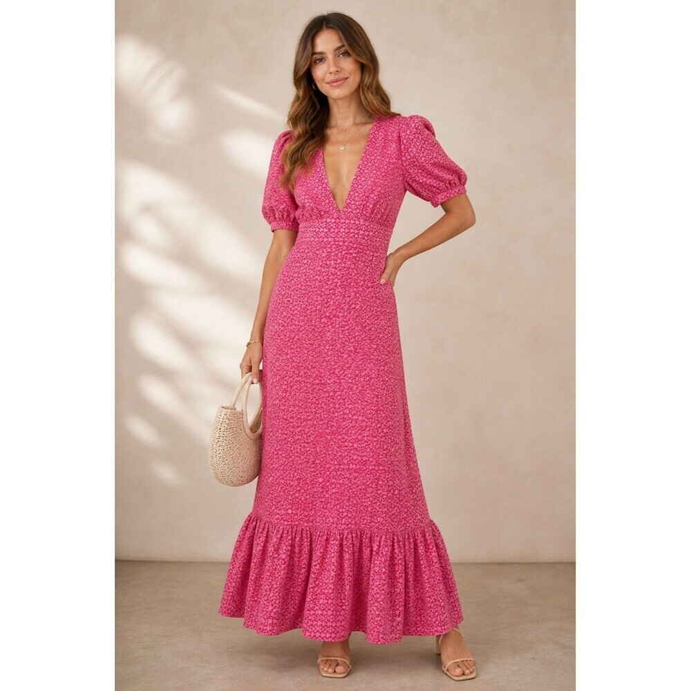 Tularosa Pink Geometric Print Maxi Dress Puff Sleeve V-Neck Ruffle Hem Size L